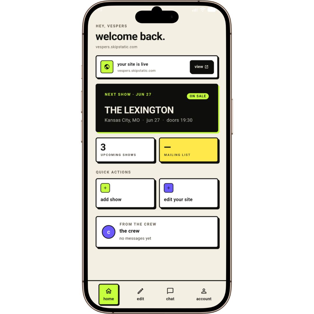 A live Skip Static band site on a phone — Vespers, showing the mobile dashboard with the next show, quick actions, and tour info
